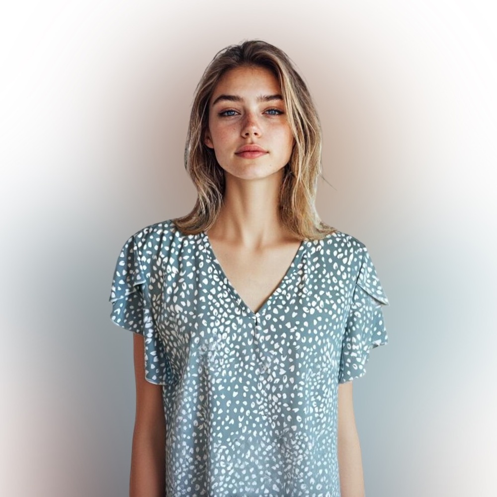 Niay moss green white blouse size Large short flutter sleeve animal print v neck
